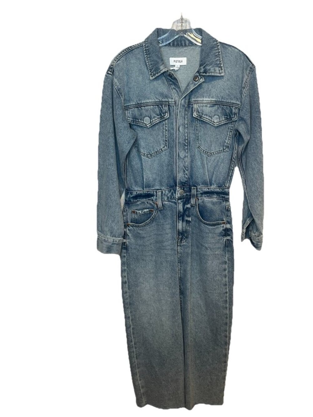 Pistola Denim Maxi Dress XS Blue Jean Long Sleeve Utility Western Raw Hem